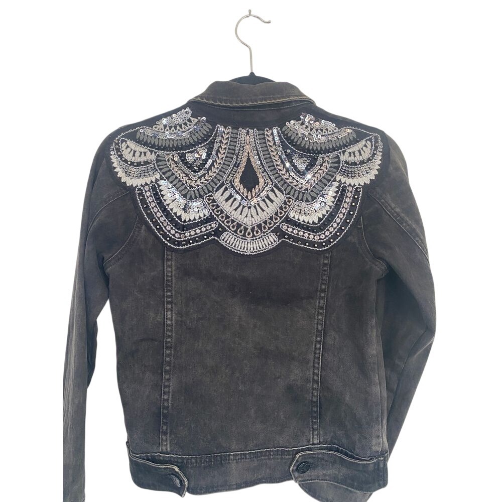 Karl Lagerfeld for Falabella Black Acid‎ Wash Embellished Denim Jacket Sequin